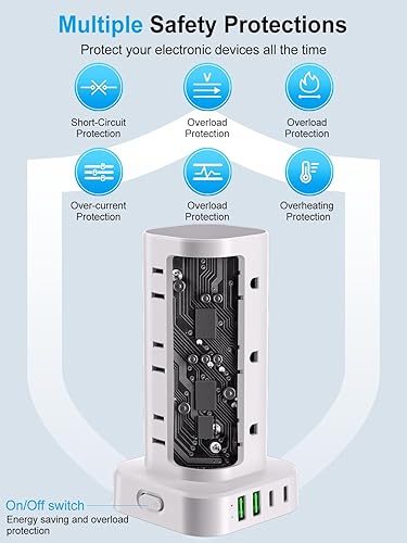 Miniatura 8 de Torre de regleta de alimentación con cargador inalámbrico, protector de sobretensiones de enchufe plano con cable de extensión de 6 pies, 12 tomas