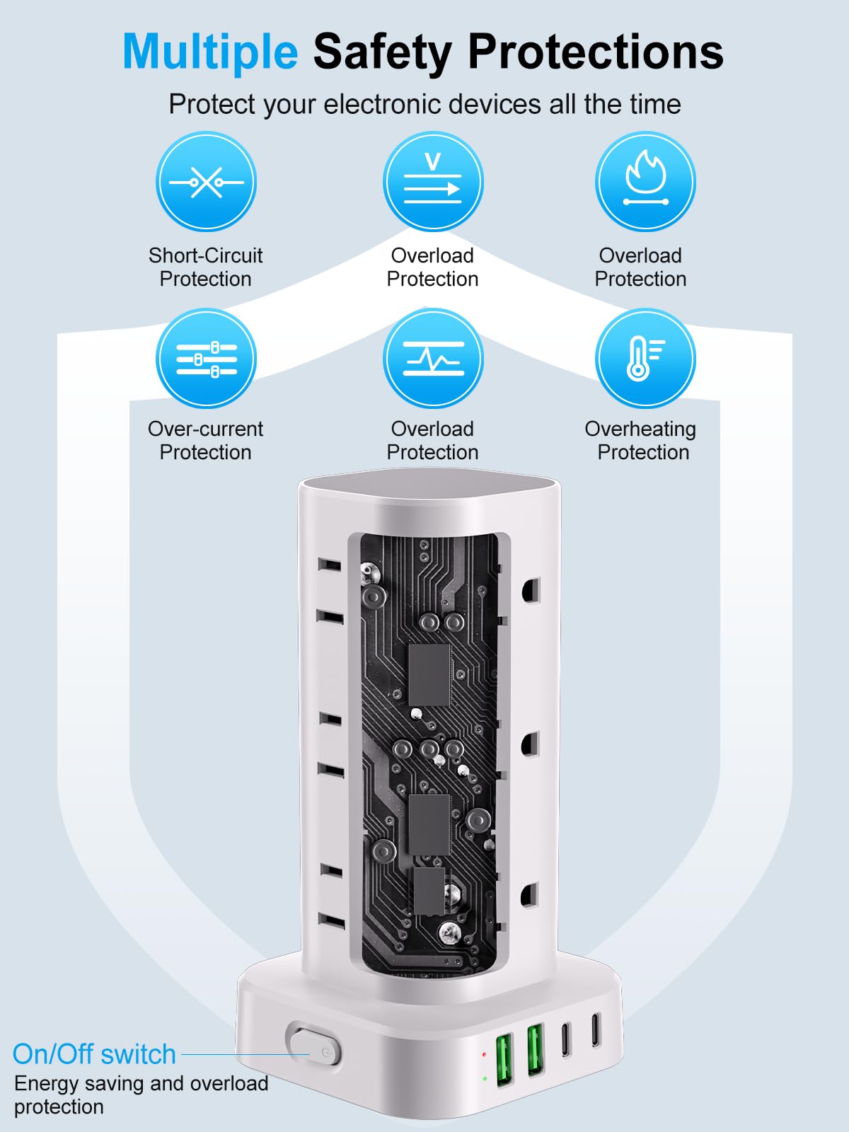 Torre multipresa con caricabatterie wireless, torre di protezione da sovratensioni a spina piatta con cavo di prolunga da 1,8 m, 12 prese multiple AC, 4 USB (2 USB C), torre