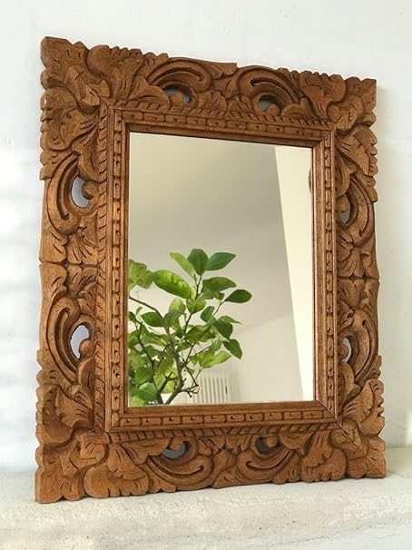 Adeez Gallery Wooden Wall Mirror Frame Size (24x30) Inch Only Frame with Out Mirror Colour Natural Brown Vintage Rectangular Floral Ornamented Wood Carved Mirror, Handcrafted Wooden Mirror Frame,