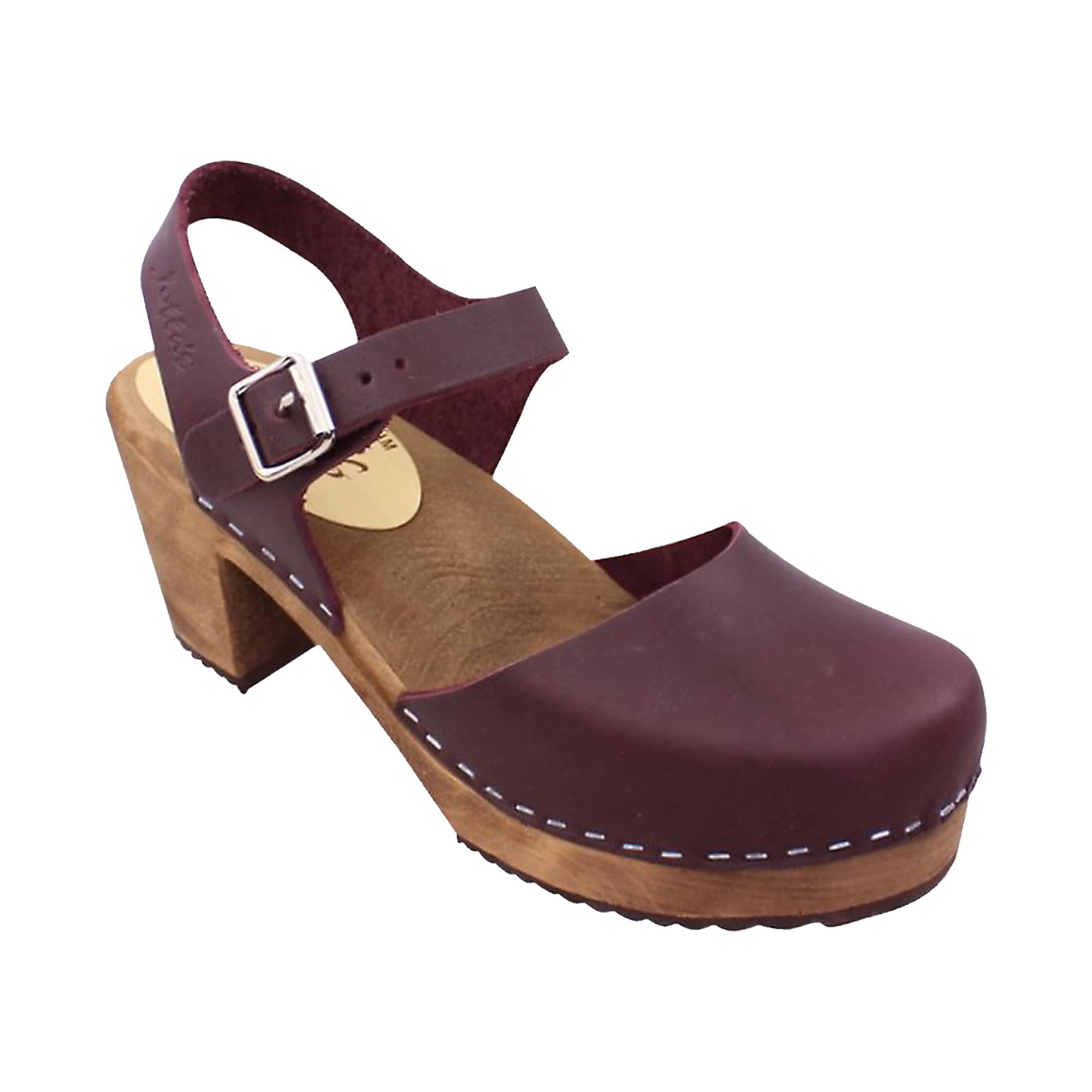 Lotta From StockholmSwedish Highwood High Heel Clog Sandal for Women | Mary Jane Style Wooden Clogs Handcrafted in Sweden | Brown Alder Wood Base and Genuine Leather | Aubergine