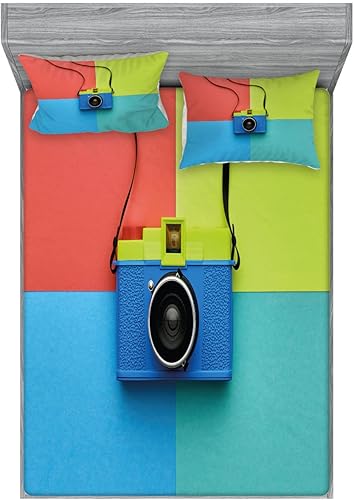 Ambesonne Juego de 2 sábanas bajeras y fundas de almohada, estilo hipster retro para cámara, 4 piezas de decoración de cama, el paquete contiene 2