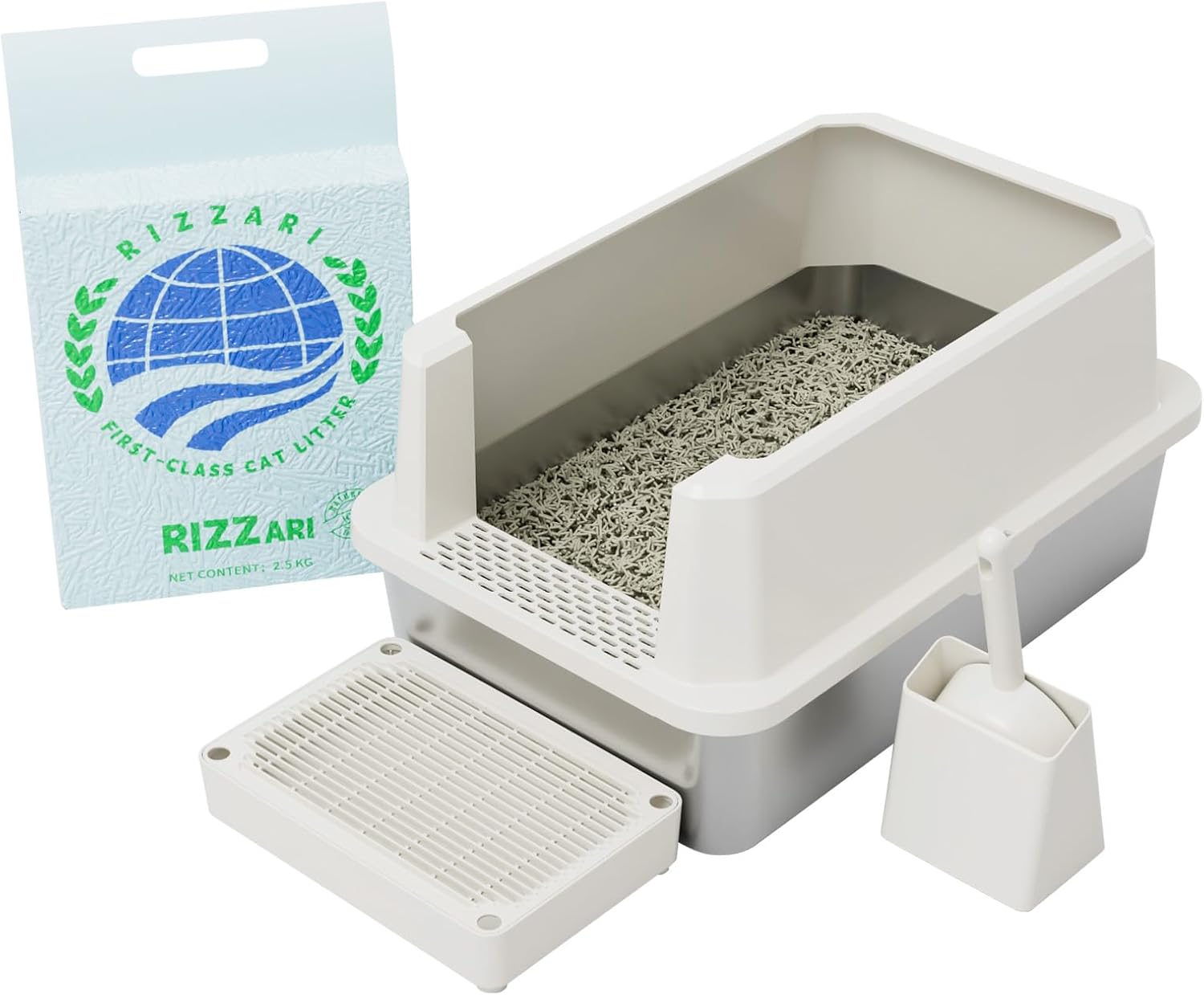 RIZZARI Beige Open Stainless Steel Cat Litter Box and Cat Litter Bundle