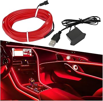 ZIMISI EL Wire Car Interior LED Strip Lights, 5V 16FT Neon Light Strip with Sewing Edge, USB Electroluminescent Car Interior Lights with Fuse Protection, Vehicle Ambient Lighting Decorations Red