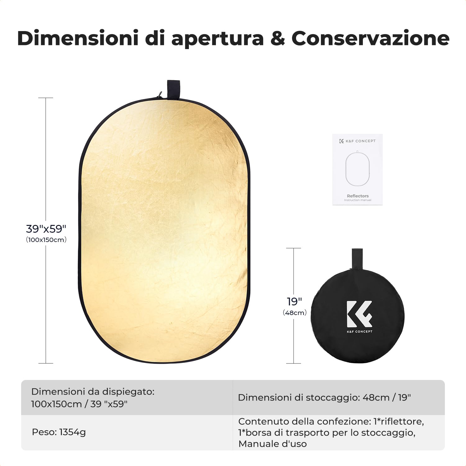 K&F CONCEPT Riflettore fotografico 5in1 100x150cm con borsa da trasporto | Diffusore ovale riflettore pieghevole per fotografia, adatto a ritratti, selfie, matrimoni e illuminazione esterna, LE08