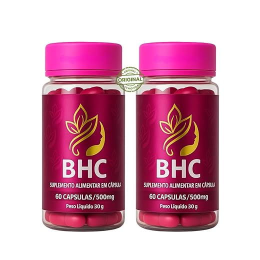 Kit BHC Suplemento Capilar 2 Frascos de 60 Cápsulas, Vitaminas e Minerais para Crescimento Cabelos