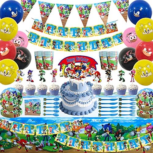 Sonic Birthday Social gathering Provides for Children, Social gathering Decorations for 20 Company, Embrace Completely happy Birthday Banner, Plates, Desk Cowl, Napkins, Cake Topper, Cup, Forks, Knives, Spoons