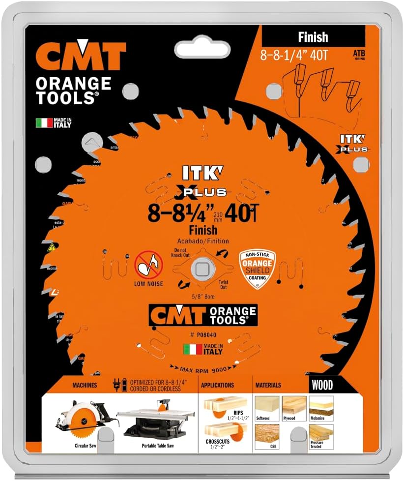CMT P08040 ITK Plus Finish Saw Blade with 8-8-1/4 x 40 Teeth, 10-Degree ATB Shear and 5/8-Inch Bore