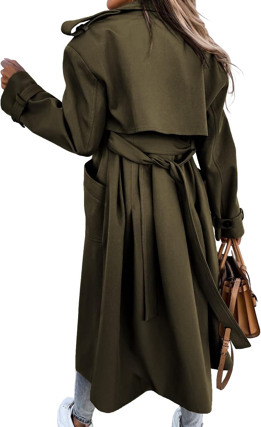 Fisoew Women's Double Breasted Long Trench Coat Windproof Classic Lapel Belted Overcoat with Pockets - Image 4