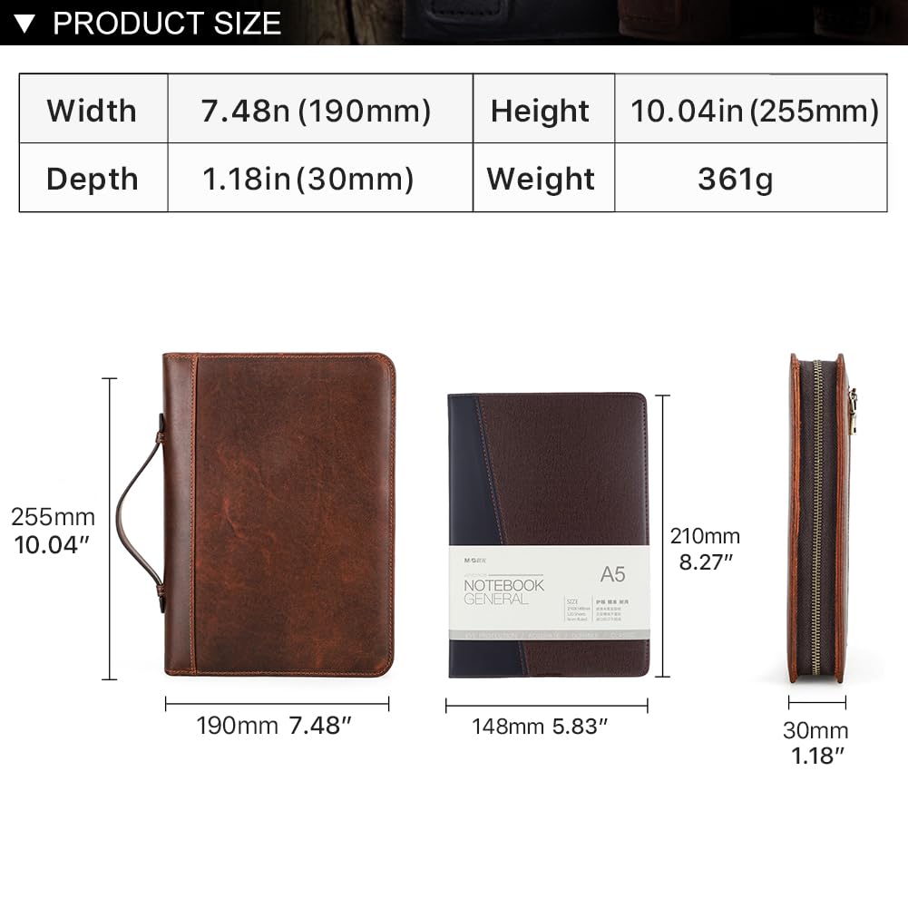 Hiram Funda de piel para cuaderno A5, bolsa de almacenamiento de piel con cremallera, funda para cuaderno A5 con asa de transporte y funda para teléfono móvil