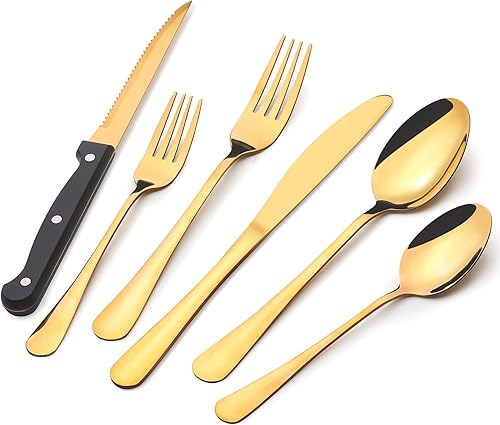 Miniatura 8 de Juego de 48 cubiertos dorados con cuchillos para carne, vajilla de acero inoxidable, cucharas y tenedores, para bufé, cocina, restaurante, hotel,