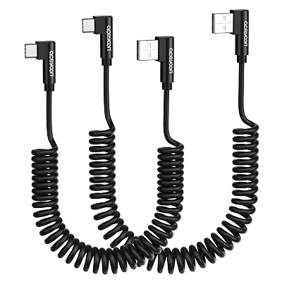 aceyoon 2 Pack Coiled USB C Cable, 90 Degree USB A to USB C Cable 60W USB Type C Charging Cord for CarPlay Compatible with iPhone 16 15 Plus/Pro/Pro Max, Samsung Galaxy S25 S24 S23 (2.5FT+ 4FT)