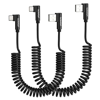 aceyoon 2 Pack Coiled USB C Cable, 90 Degree USB A to USB C Cable 60W USB Type C Charging Cord for CarPlay Compatible with iPhone 16 15 Plus/Pro/Pro Max, Samsung Galaxy S25 S24 S23 2.5FT+ 4FT
