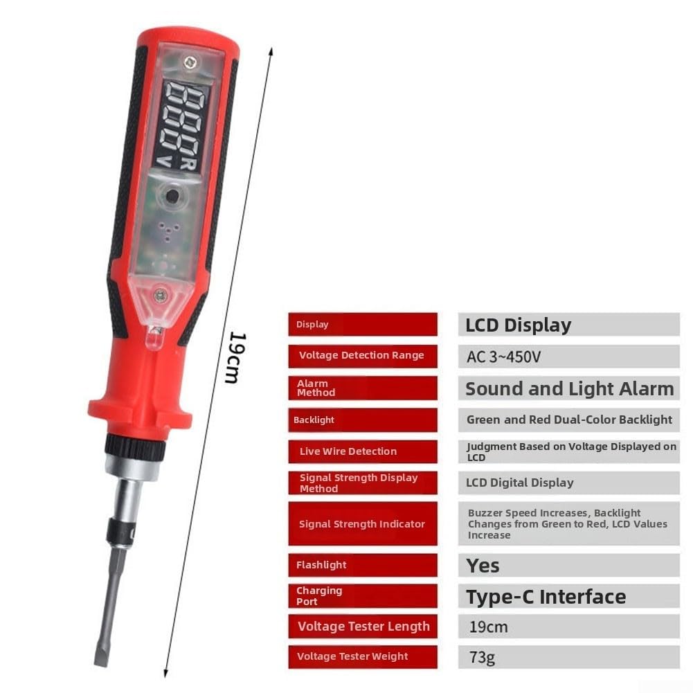 Digitaler Spannungsprüfer, Schraubendreher, berührungslos, AC-Erkennung, LED-Display, wiederaufladbar, mit 12 Bits für elektrische Reparatur (A)