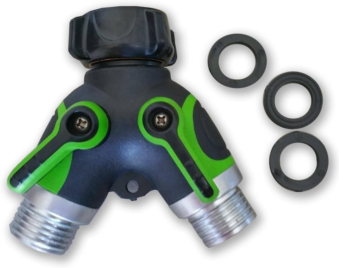 Garden Hose Y Connector by Gardeniar - Green Two Way Hose Connector with Long Easy to Use Levers and 3 Extra Washers
