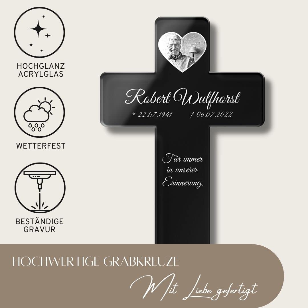 Personalisiertes Grabkreuz mit Gravur aus Hochglanz Acrylglas - Grabstecker Kreuz als wetterfester Grabschmuck mit Gravur - Grabdeko für Urnengrab Grab - schöne Trauer Deko Friedhof (Mit Foto)