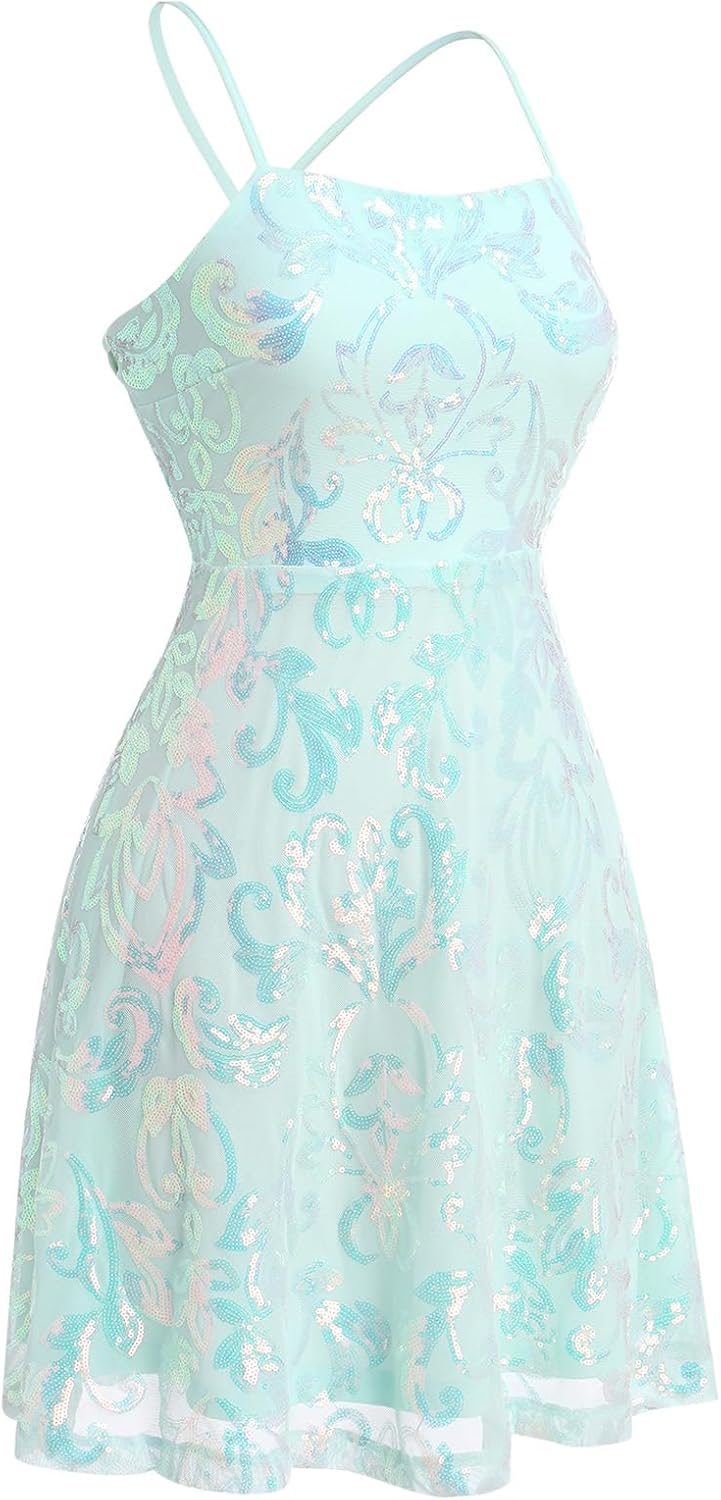 ODIZLI Women's Spaghetti Straps Sparkly Sequins A Line Swing Party Nightclub Dance Mini Dress Above Knee Length - Image 4