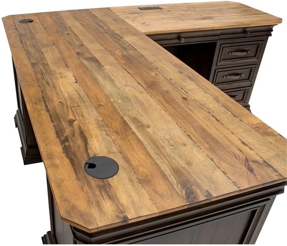 Bowery Hill Executive L-Desk & Return, 68 x 72 x 30 in, Solid Wood Plank Top, Brown Finish, Two-Tone Design, Antique Bronze Hardware, Dropfront Drawer, AC/USB Power Center, Fully Assembled Office Desk