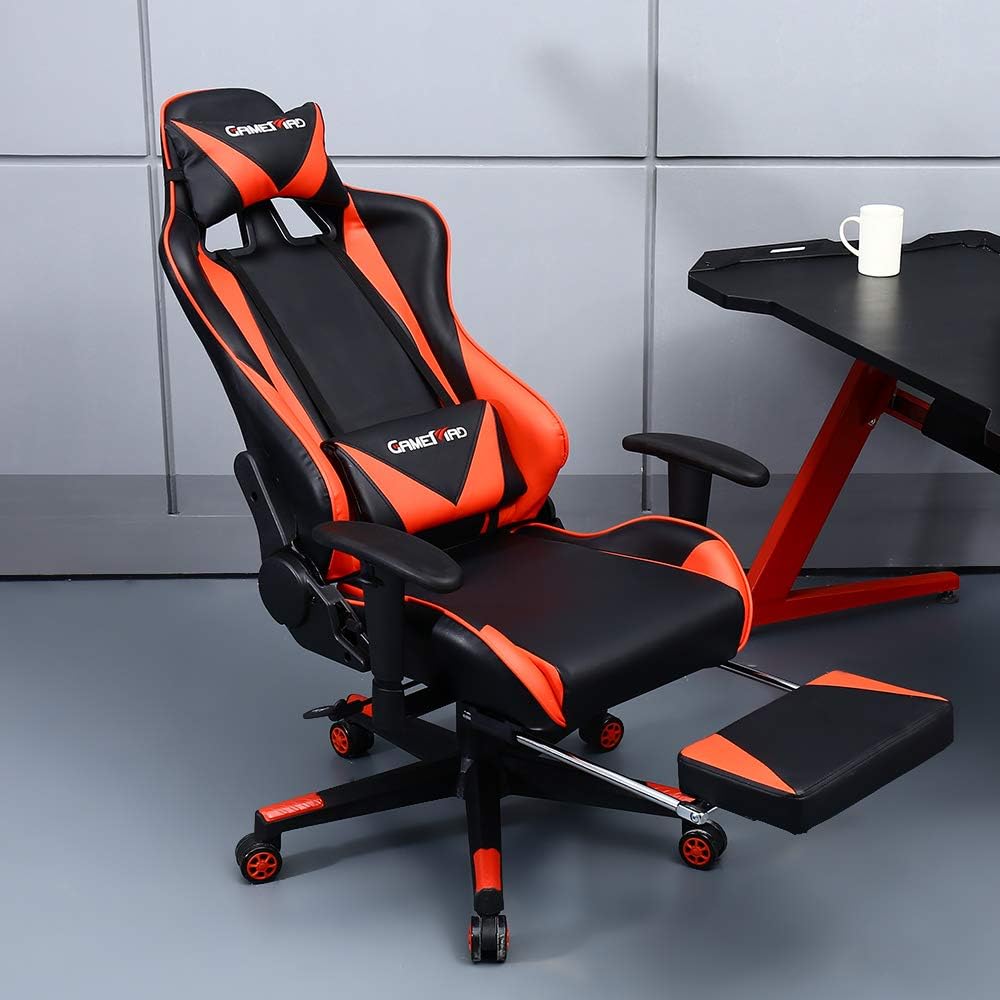 High Back PU Leather Swivel Gaming Chair with Adjustable Armrest Lumbar Support Headrest Footrest Racing Office Chair (RED)