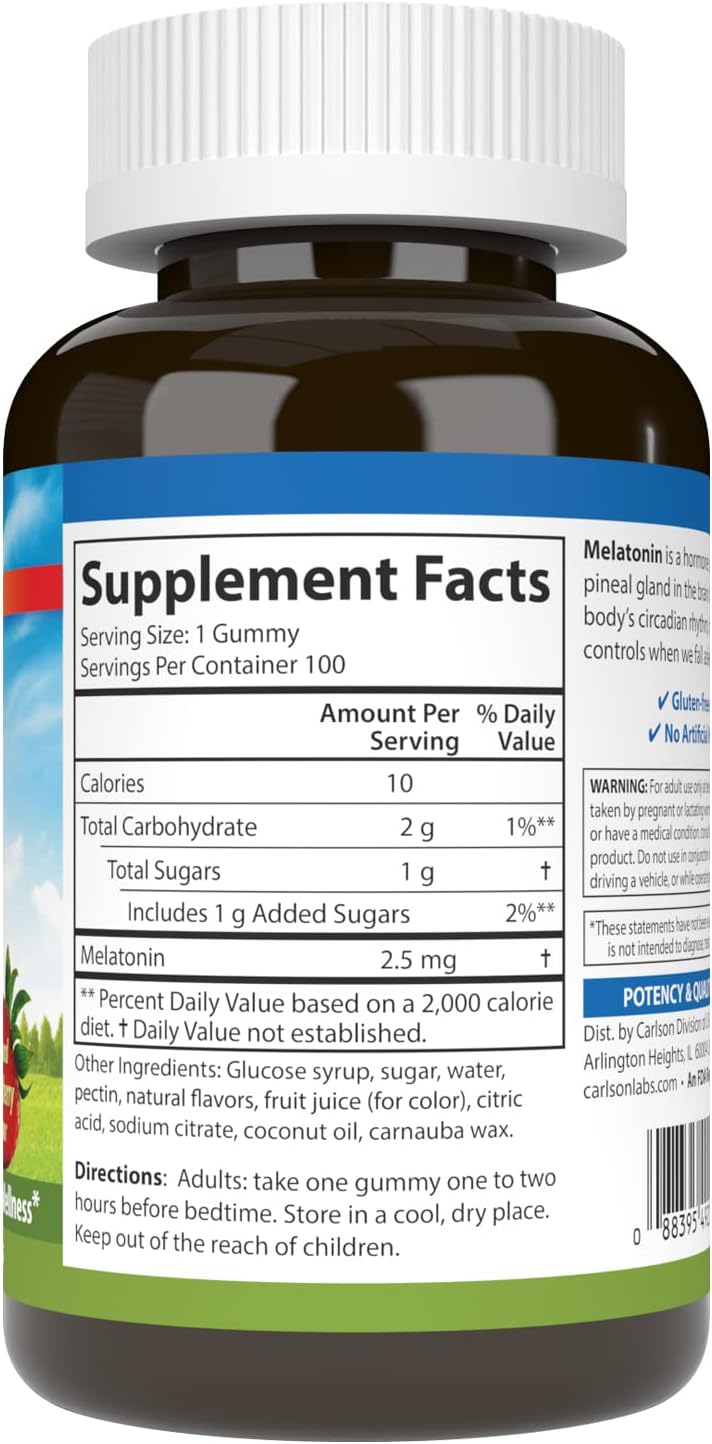 Carlson - Melatonin Gummies, 2.5 mg, Healthy Sleep, Promotes Relaxation, Natural Strawberry Flavor, 100 Gummies