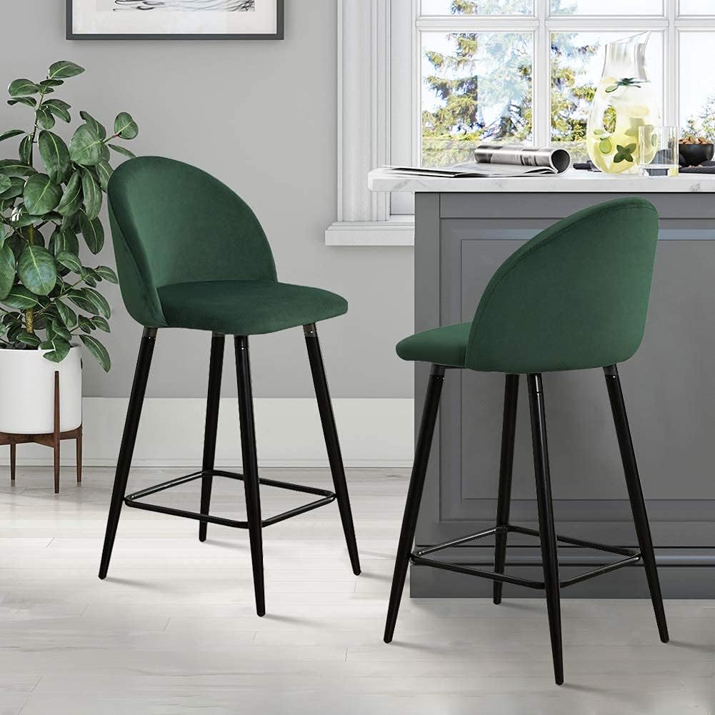 LEMROE Bar Stool, Set of 2 Fixed Height 65 cm, Velour Back, Stool with