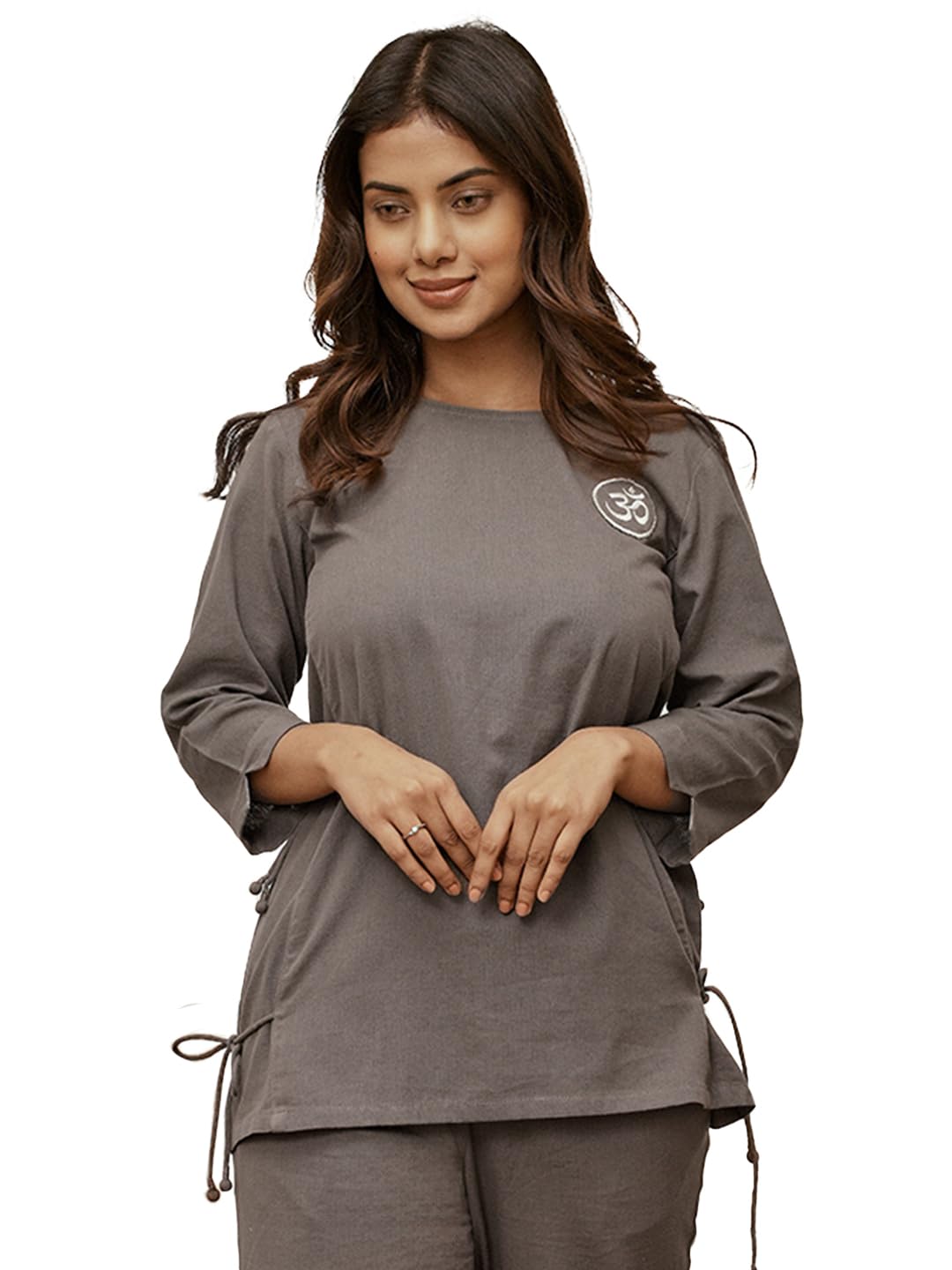 Women's Linen Cotton Yoga Top with Ethnic Embroidery & Side Tie-Up Detail-image-16