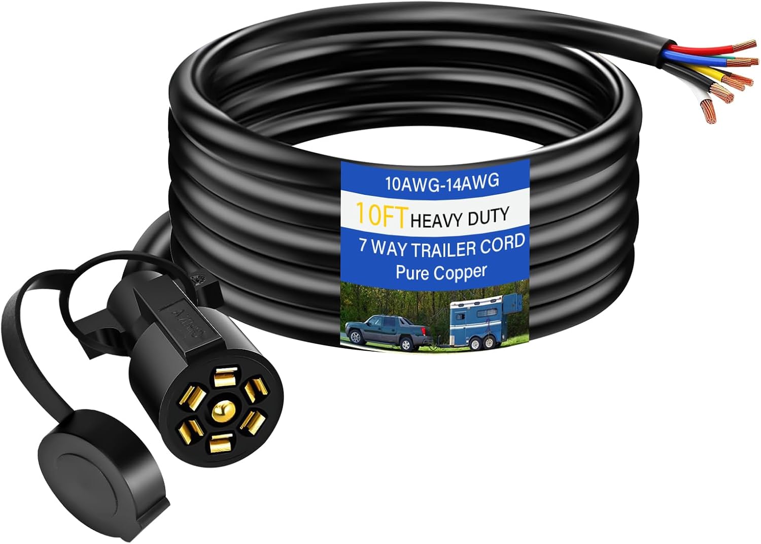 10 Ft Heavy Duty 7 Way Trailer Cord Pure Copper 7 Way Trailer Plug Inline Cord 120" 7 Pin Trailer Wiring Harness Double Blade Molded 7 Pin Round Plug for Rvs Camper
