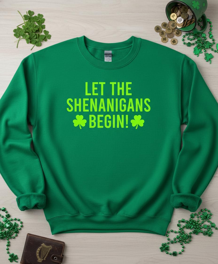 Let The Shenanigans Begin Funny Saint Patricks Day Shamrock Lucky Irish T-Shirt for Men Women Girls Boys Kids