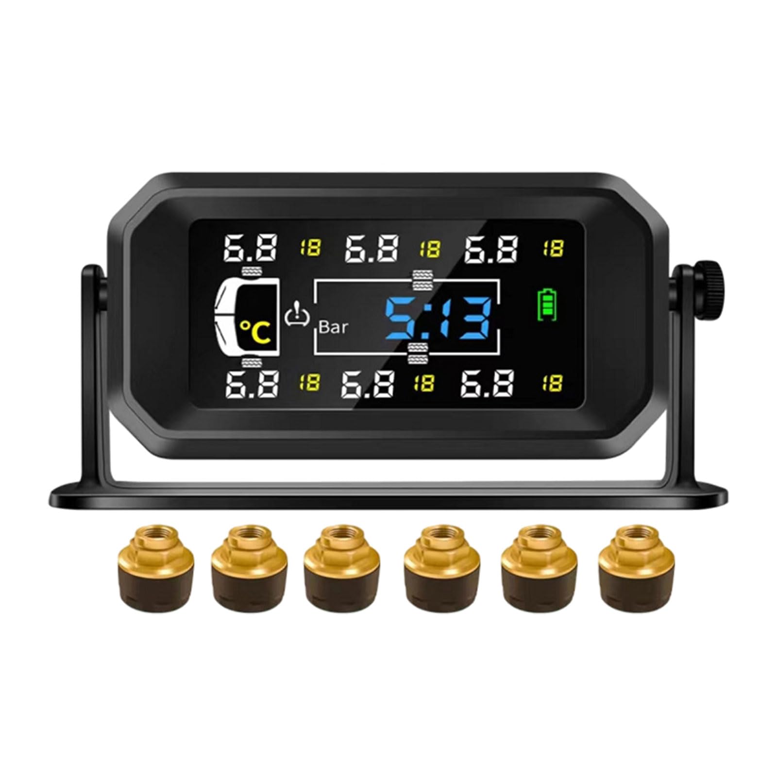 Reifendruckkontrollsystem, TPMS 6 Rad Modi, 8 /15 BAR, 116/217 PSI Max, mit 6 Externen Kupfer Reifendrucksensor, Vertikal/Hängend Montierbar, Solar USB Aufladung, für Busse, Wohnmobile, LKW (0-15 BAR)