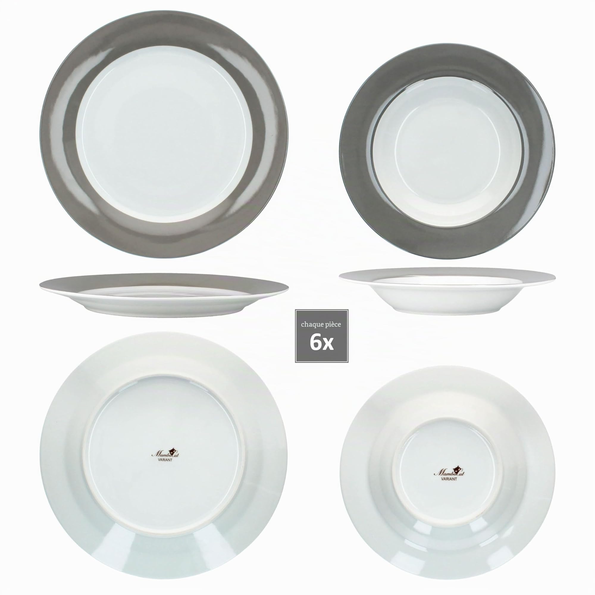 MamboCat Service combiné Variant Gris 30 pièces I Service de table en porcelaine avec bord gris pour 6 personnes I 6 tasses à café de 200 ml, 6 soucoupes, assiettes à gâteau, assiettes creuses et