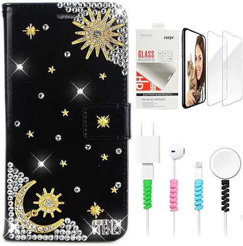 STENES Bling Wallet - Funda de cuero compatible con Google Pixel 6a, elegante, hecha a mano en 3D, con protector de pantalla y protector de cable,