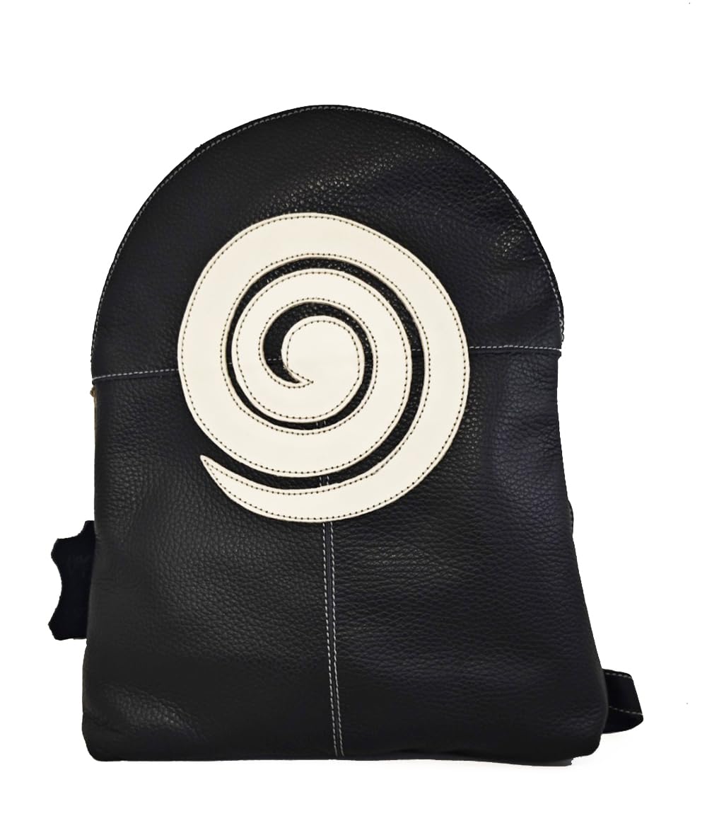 Mochcila espiral de piel negra. Mochila espiral negra de cuero auténtico para mujer. Mochila espiral de mujer.