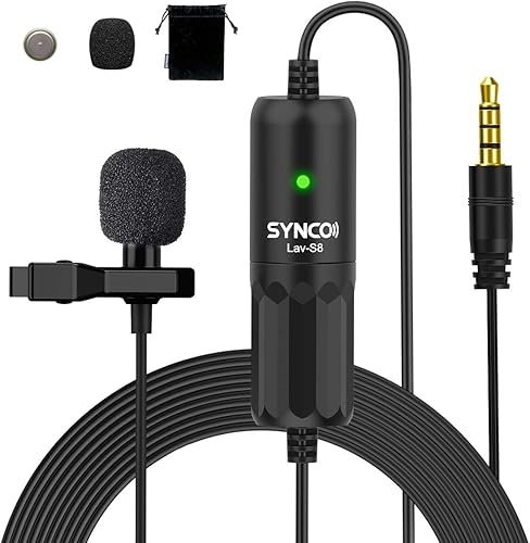 SYNCO Micrófono Lavalier para DSLR, Lav S8 Micrófono de solapa para iPhone Cámara PC Android Reducción de ruido Auto-Emparejamiento Omnidireccional