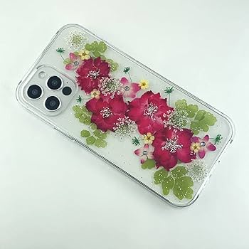 【ハンドメイドの押し花 スマホケース NO.801】 iphone ケース 押し花＆レジン 千鳥草・アジアンタム・レースフラワー他  押し花をＵＶレジンでコーティング！ (iPhone12Pro Max)