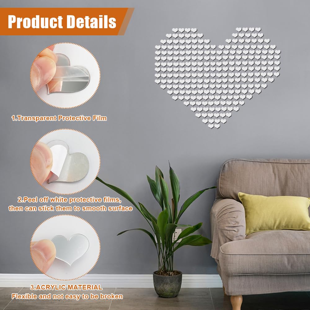 100 PCS Tuiles de Miroir de Coeur, Amour Artisanat de Petits Miroirs, Petits Carreaux de Miroir en Acrylique, Tuiles de Miroir Artisanales pour Projets d'Artisanat, Encadrement, Décoration de Chambre