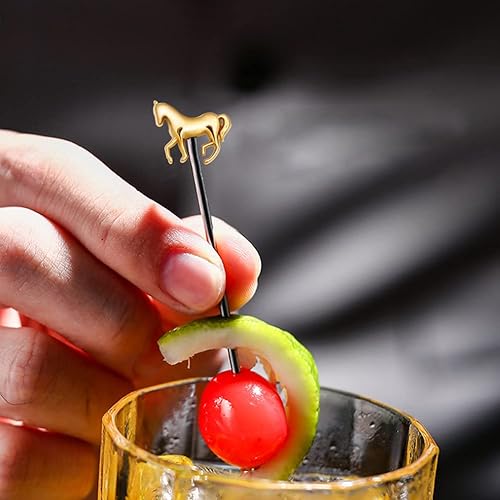 Miniatura 6 de RRRuo - Palillos reutilizables para cóctel de caballos, palillos de frutas para aperitivos, aceitunas y cerezas con brandié, 8 piezas (dorado)