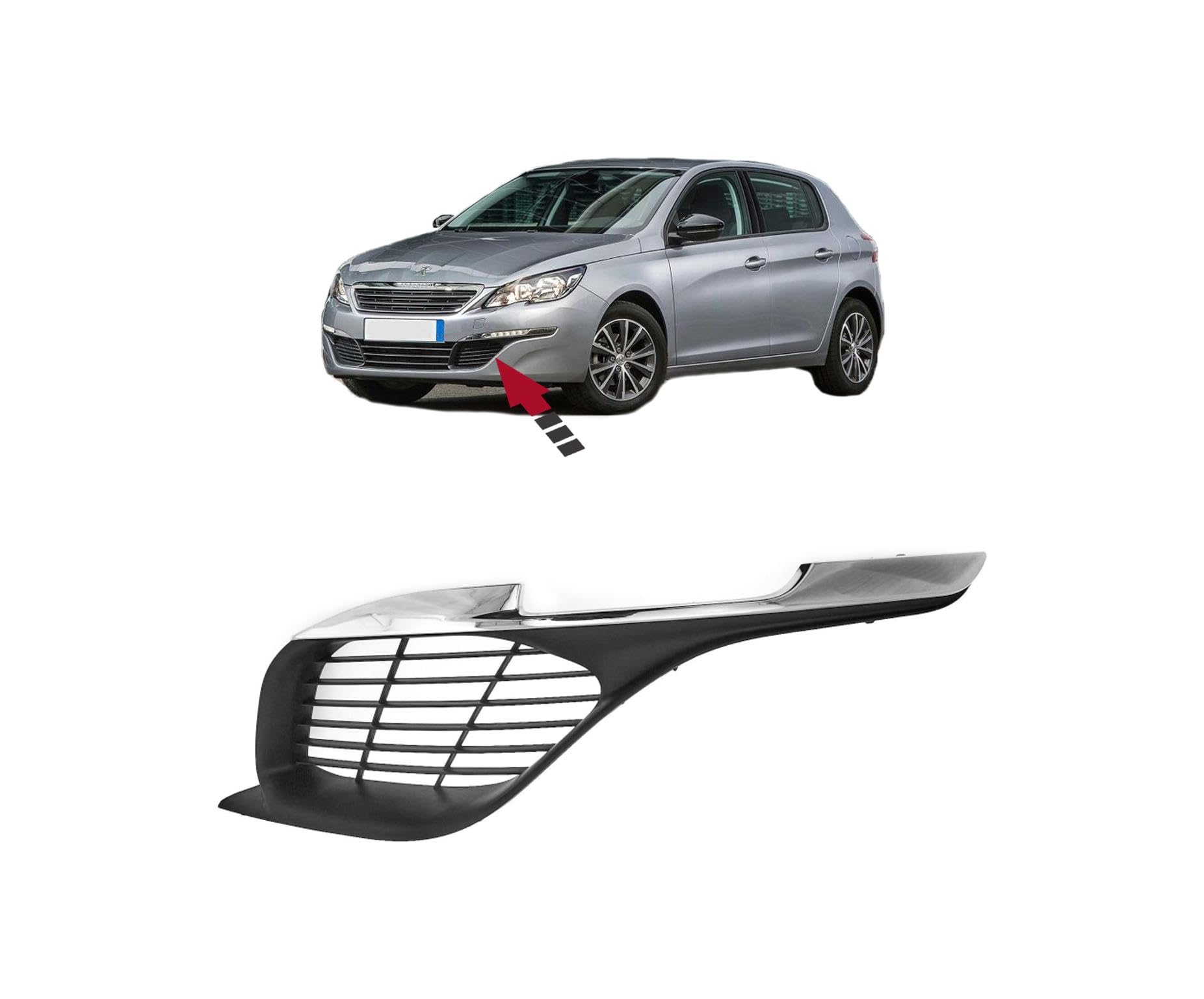 auto Griglia del paraurti Sinistra Grigio scuro, opaco 1610744480 compatibile per PEUGEOT 308 2013-2017 con striscia cromata, opaco, grigio scuro