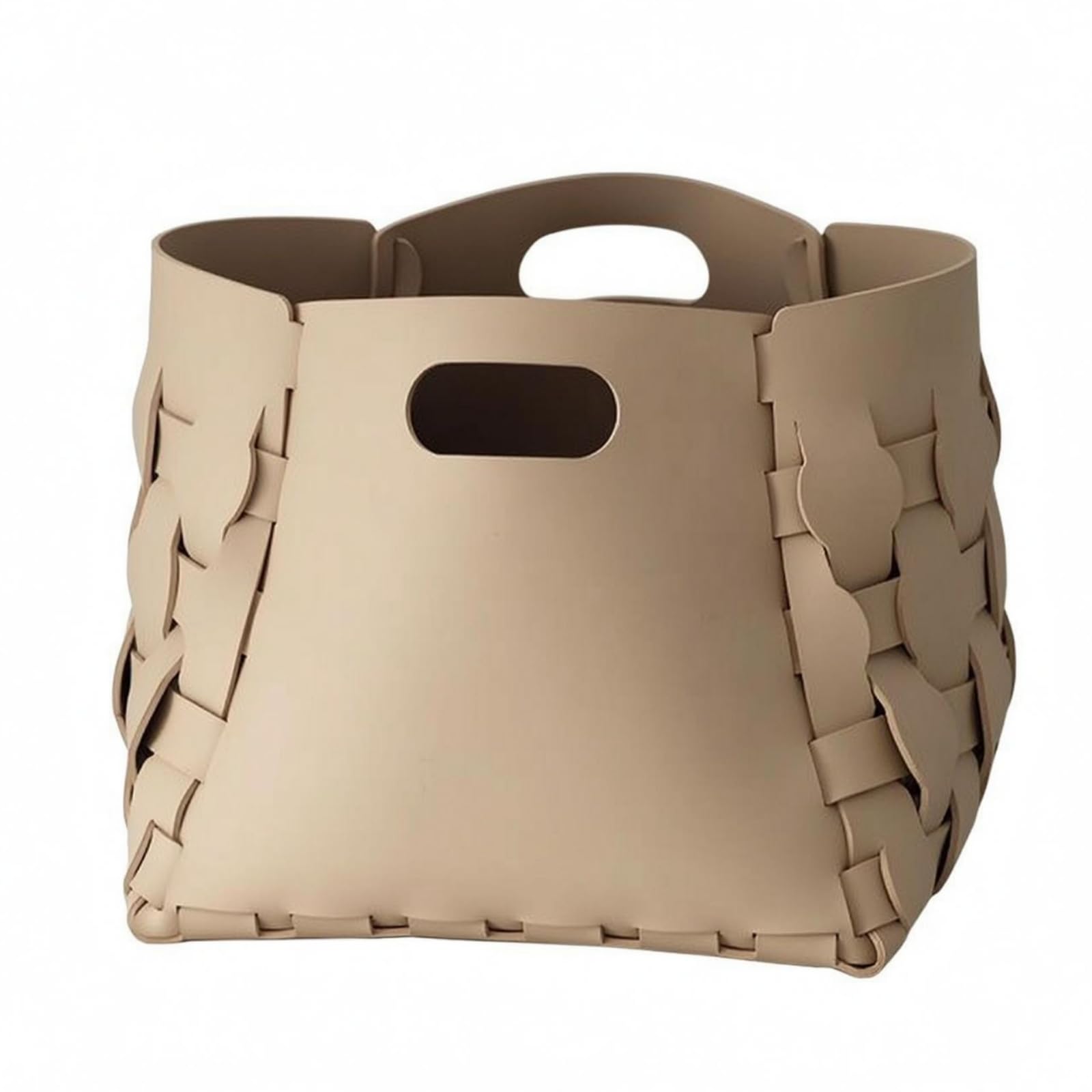 Cesto Tejido con Forma Cónica Panel Frontal Liso Cesto con Asas Recortadas Fondo Plano Cesta Trenzado Plegable, Beige