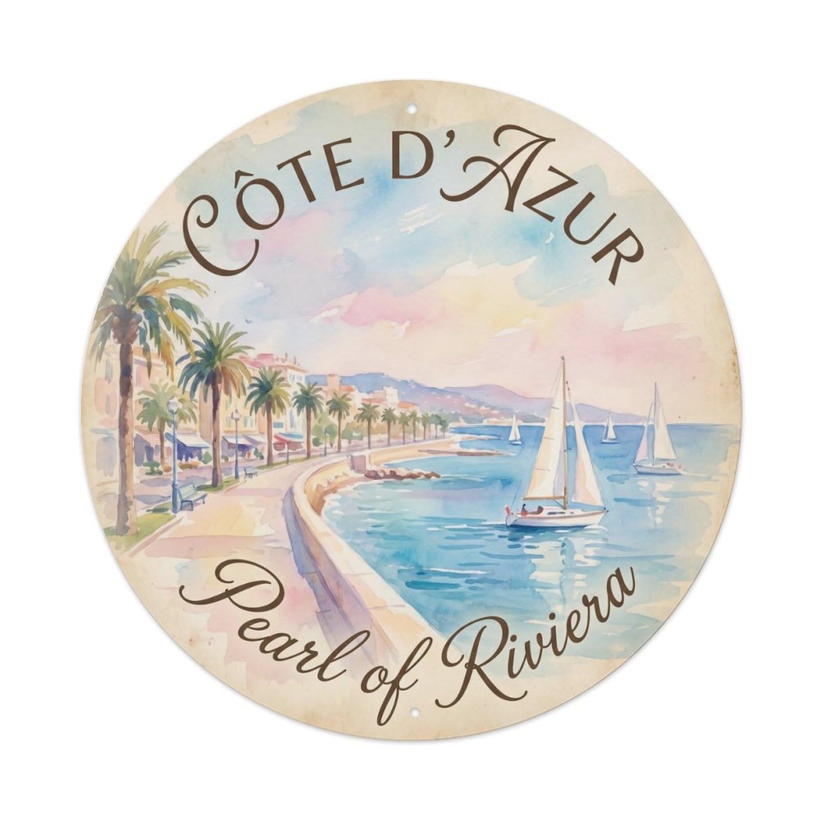 Yrnq Vintage Style Vintage Travel Azure Pearl Riviera Vintage Metal Tin Sign Plaque Wall Decor For Cafe, Club, Garden Round Metal Poster 8X8inch