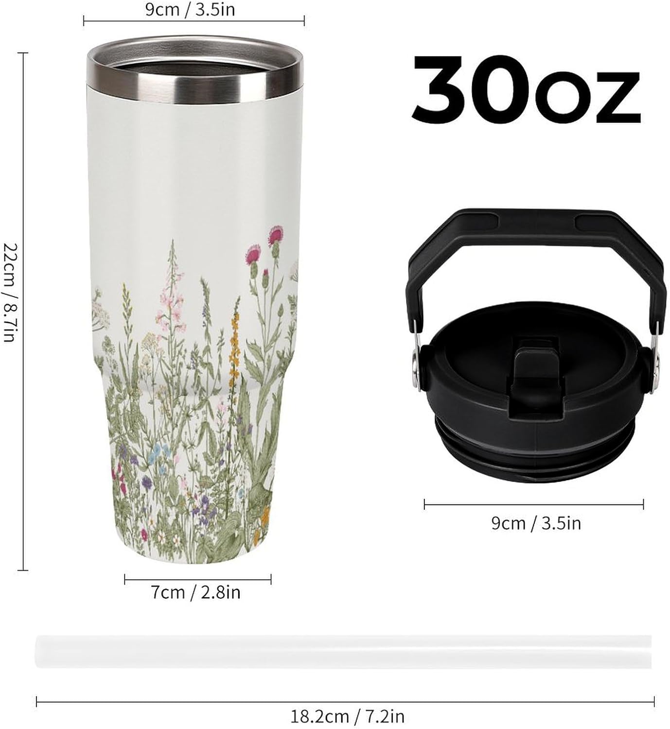 Watercolor Wildflower Tumbler with Handle Flip Straw Vintage Floral 30oz Insulated Stainless Steel Cup Green Plants Travel Coffee Mug Water Bottle for Women - Image 2