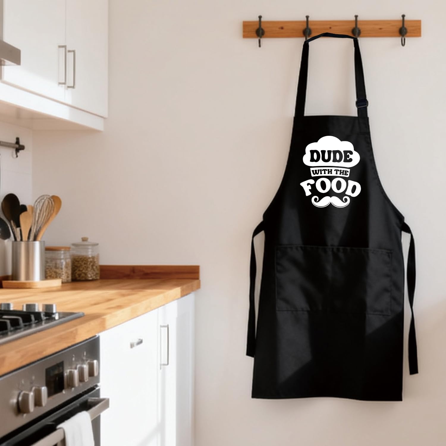 Funny BBQ Aprons Gifts - Dude with The Food - Men's Grilling Cooking Black Aprons with 2 Pockets, Adjustable Neck Strap - Birthday Grilling Gifts for Men, Dad, Husband, Boyfriend, BBQ Lover image 4