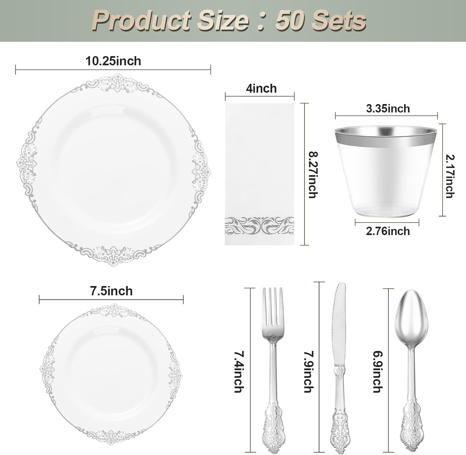 350PCS Silver Plastic Plates for 50 Guests, Disposable Dinnerware Set Includes 100 Disposable Plates, 150 Silver Silverware, 50 Cups, 50 Napkins for Party & Wedding - Image 2