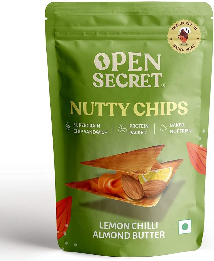 Open Secret Lemon Chilli Almond Butter Chips (Pack of 15)| Baked, Not Fried| Lemon Chilli Almond Butter Nutty Chips Sandwich | Rich in Protein, Less Fat | Healthy Diet Snack Pack
