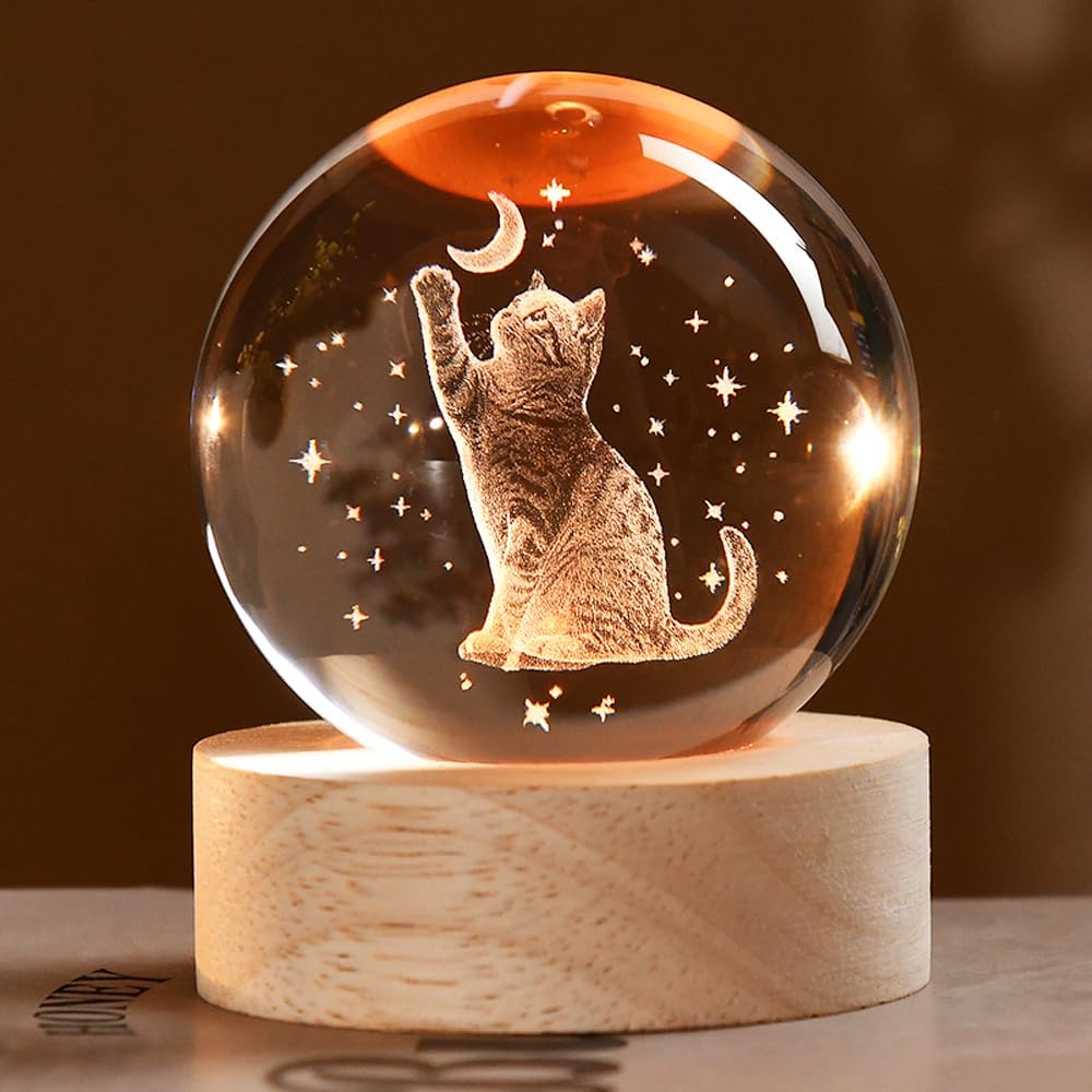 3D Cat Gifts for Women 60mm Crystal Ball Cat Lovers Gift Decor Cat Themed Gifts Lamp Glass Ball for Birthday Mothers Day Christmas Birthday