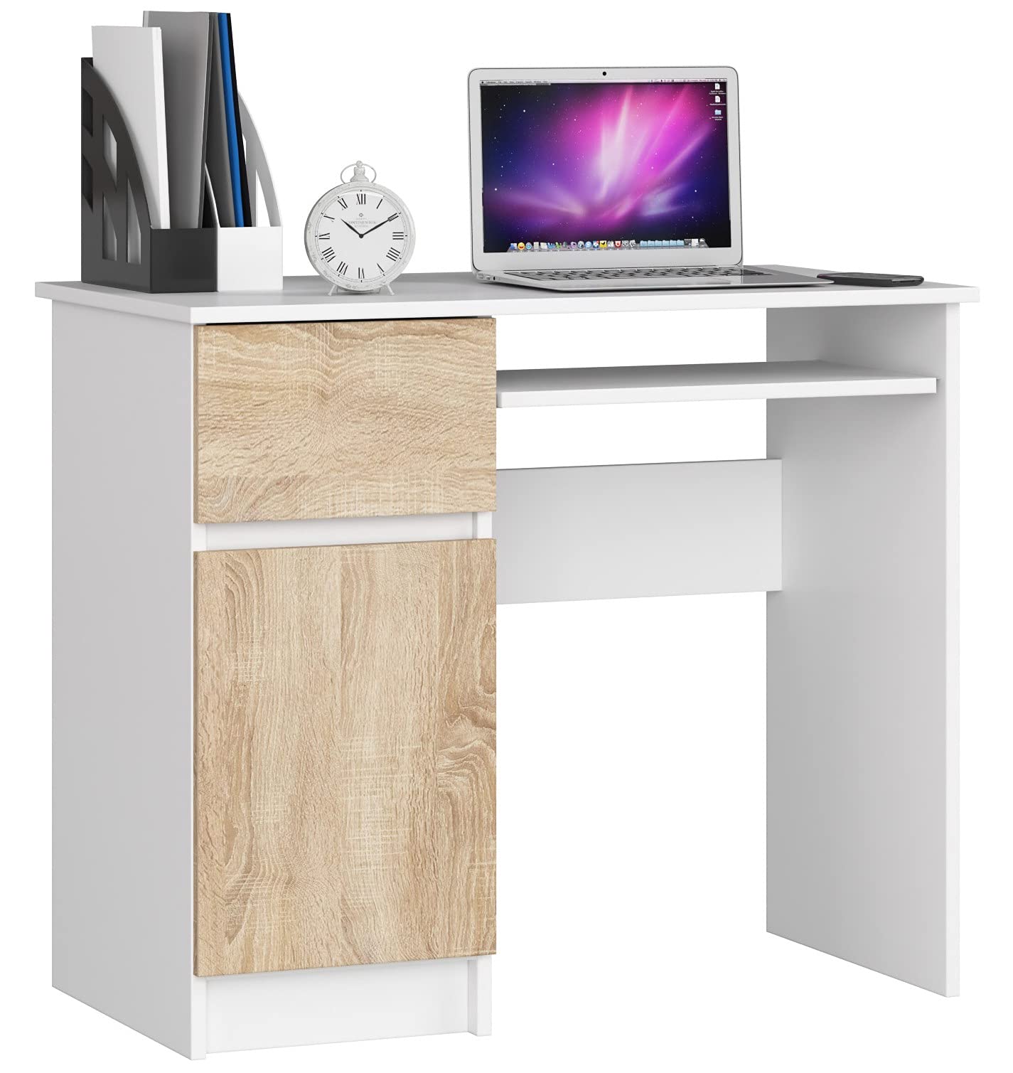 AKORD | Scrivania con Ripiano per Tastiera, Cassetto e Armadietto Sul Lato Sinistro | Scrittoio per Ufficio | Scrivania per Computer PC Laptop | Salvaspazio | 90x77x50 cm | 30 kg Bianco/Rovere Sonoma