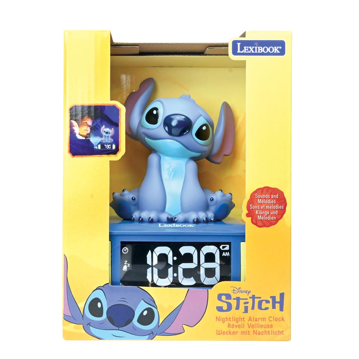 Lexibook, Disney Stitch, Sveglia notturna Stitch, Suoni e melodie, Schermo LCD retroilluminato, Luminoso, Snooze, Blu, RL800DLXB