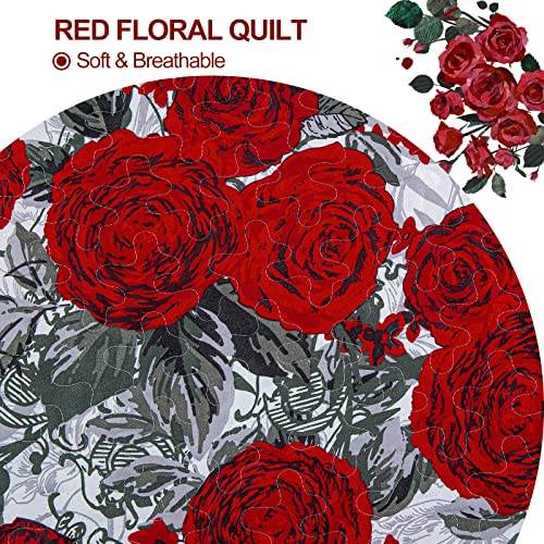 Luxudecor Red Floral Quilt Set - 3 Piece Queen Coverlet With Elegant Rose Butterfly Design, 2 Pillow Shams, Lightweight Microfiber Bedding For All Seasons - 90"X96" #TOP3