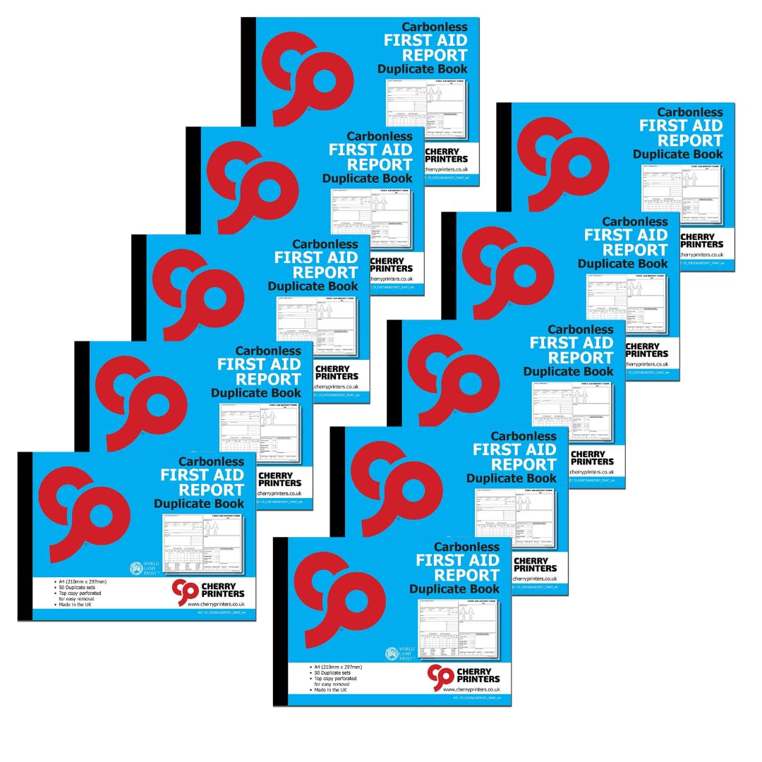 Cherry Printers | Carbonless First Aid Report Duplicate Book A4 | Accident Incident Report Book | 2 Part NCR Pad | 50 Sets | RIDDOR Compliant Forms | Workplace School Safety Log UK **10 Pack**