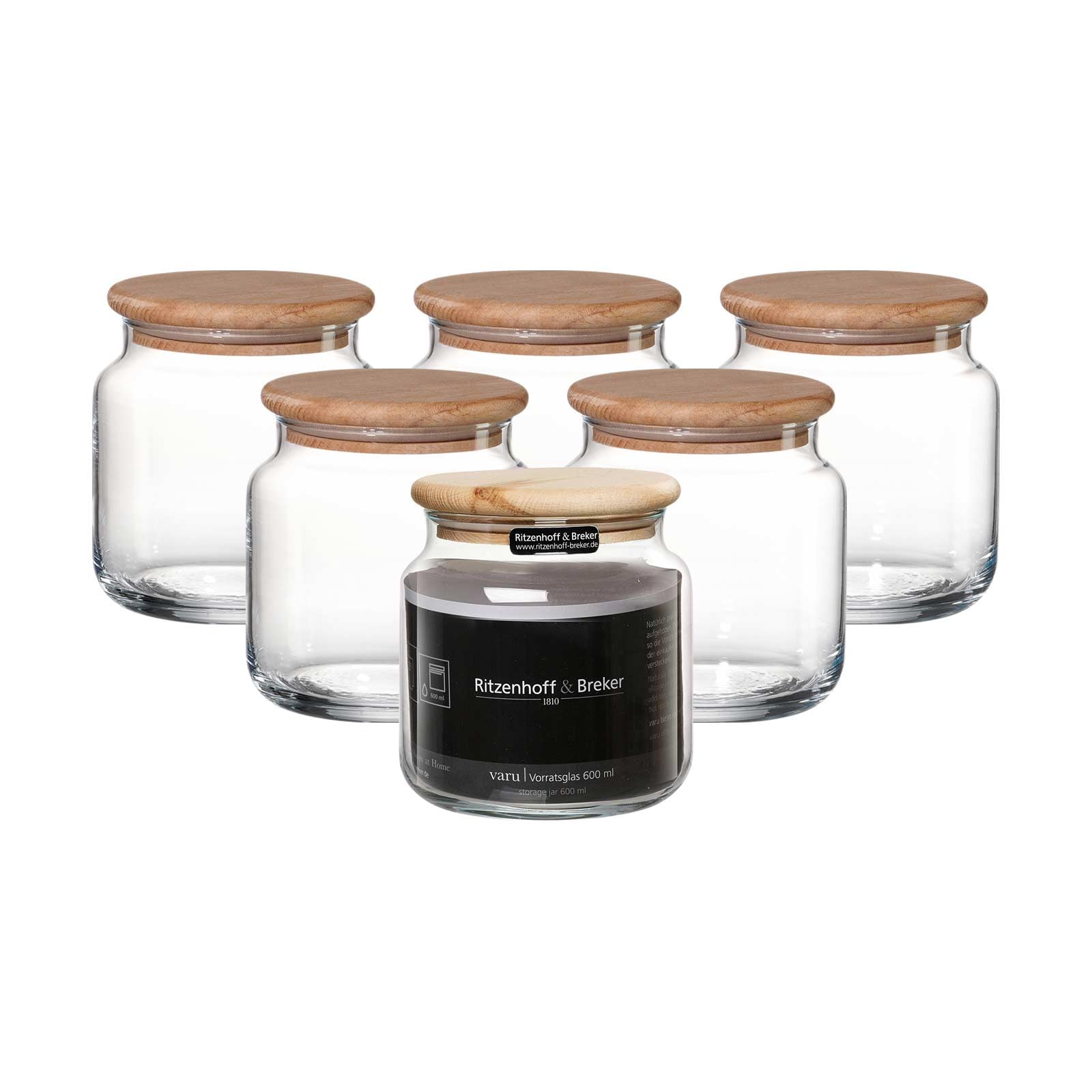 Ritzenhoff & Breker Varu Vorratsgläser 6er Set, 600 ml, Lebensmittelbehälter mit Holzdeckel, Vorratsdosen mit luftdichtem Verschluss, ø 10 x 11 cm, Glas, Klar