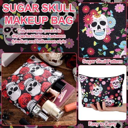 Preboun 4 Pack Sugar Skull Makeup Bags Day of the Dead Cosmetic Bag Gifts Travel Toiletry Zipper Pouch Gothic Floral Skeleton Gifts Pouch for Girls Women Day of the Dead Halloween Sugar Skull Lovers4
