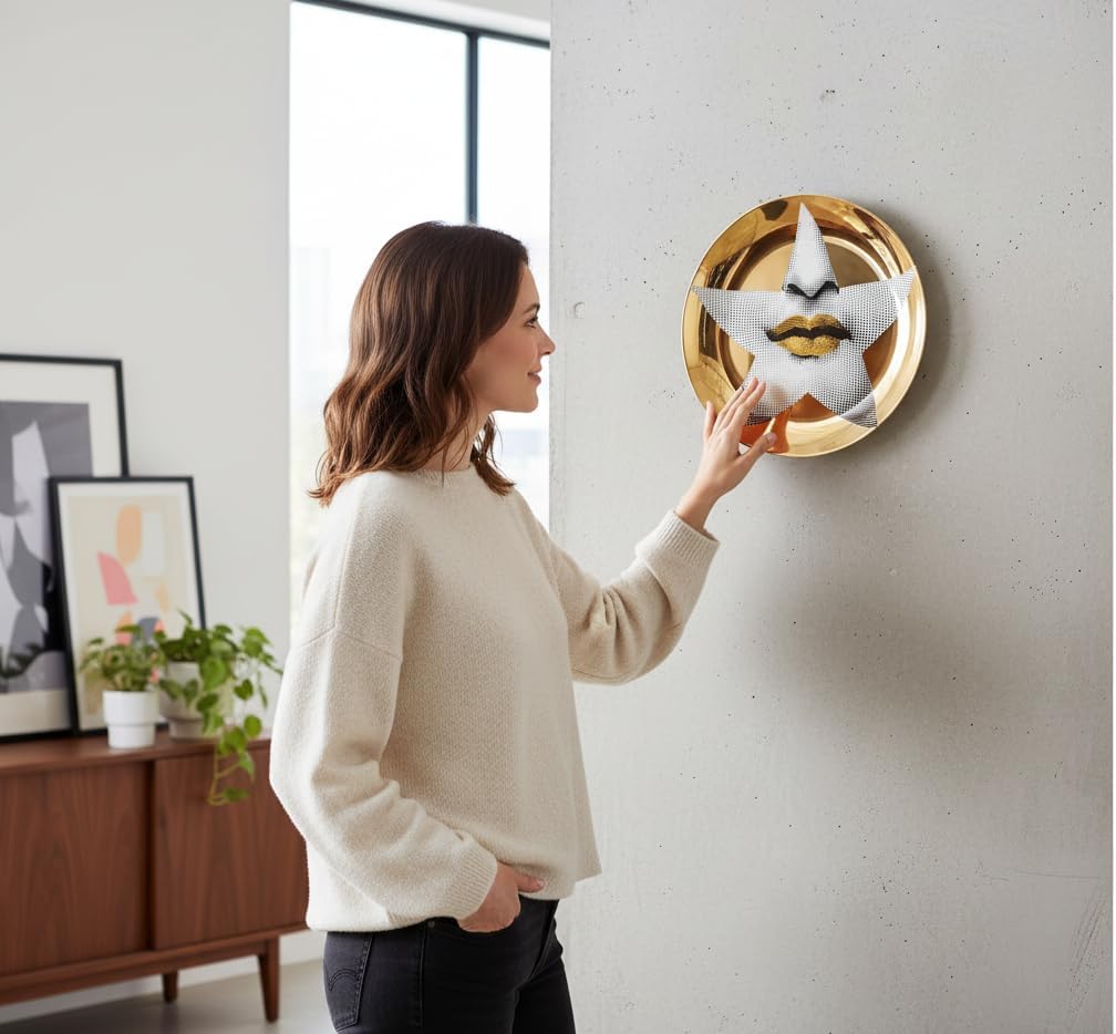 Gold Finish Bone China Decorative Plate, Surreal Lips Wall Decor, 8-Inch Art Display with Stand and Wall Mount image 2